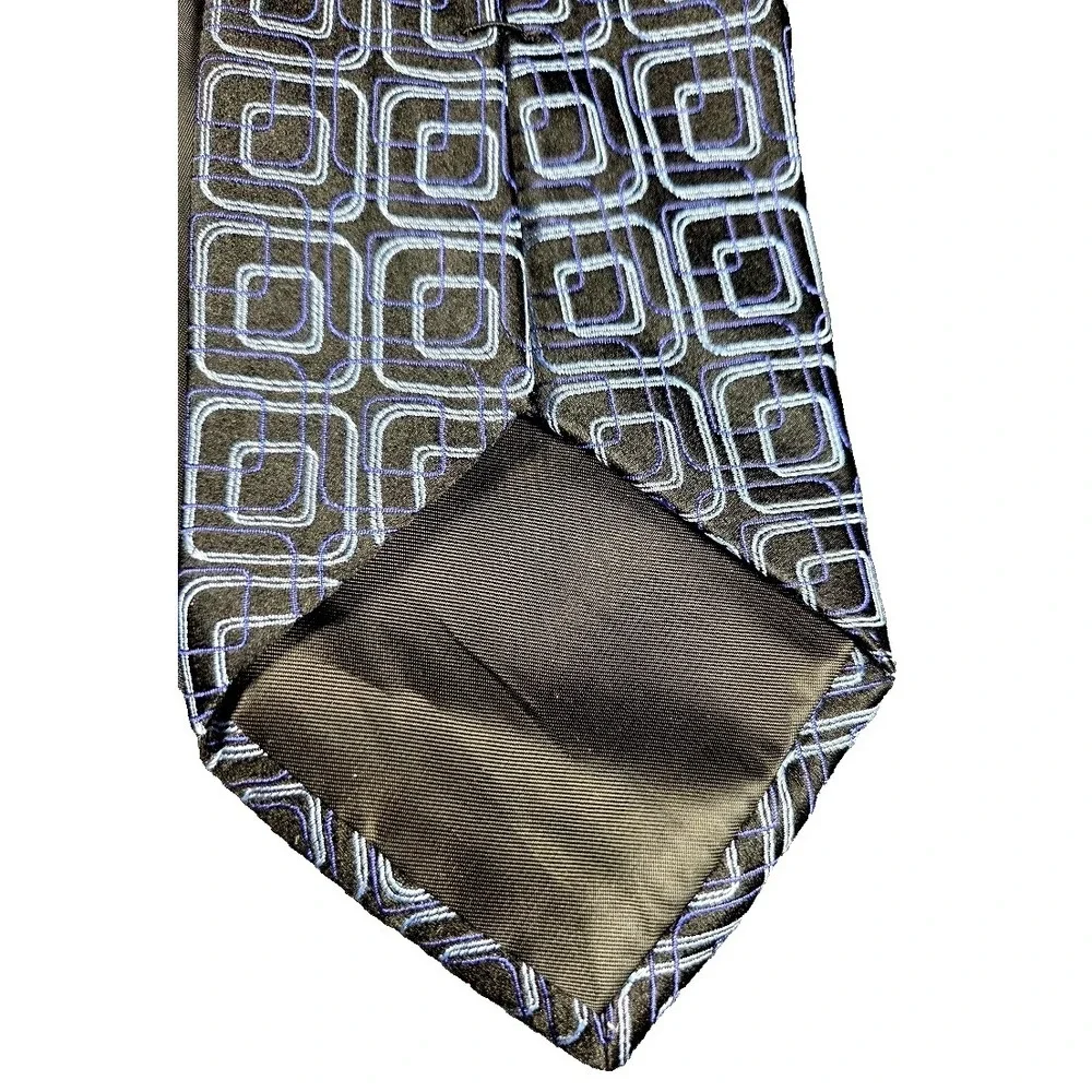 Stafford Men's 100% Silk Tie Geometric Square Pattern Black Purple Blue Long